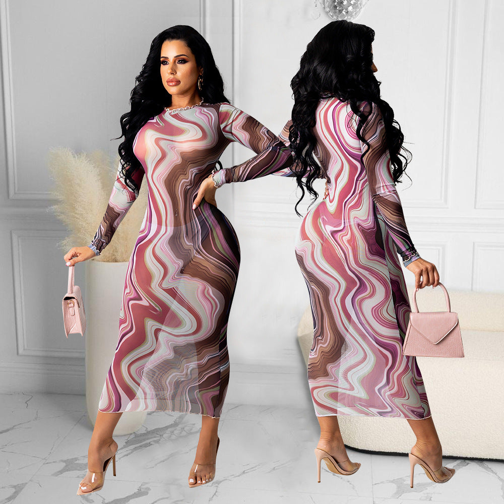 Women's Sheer Printed Long Sleeve Dress