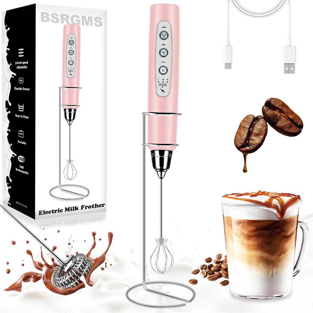 BSRGMS Milk Frother Handheld with Stand Electric Whisk 3 Speed Adjustable Drink Mixer with Stainless 3 Whisks Rechargeable Hand Frother Wand Foam Maker for Latte Cappuccino Hot Chocolate Egg Pink
