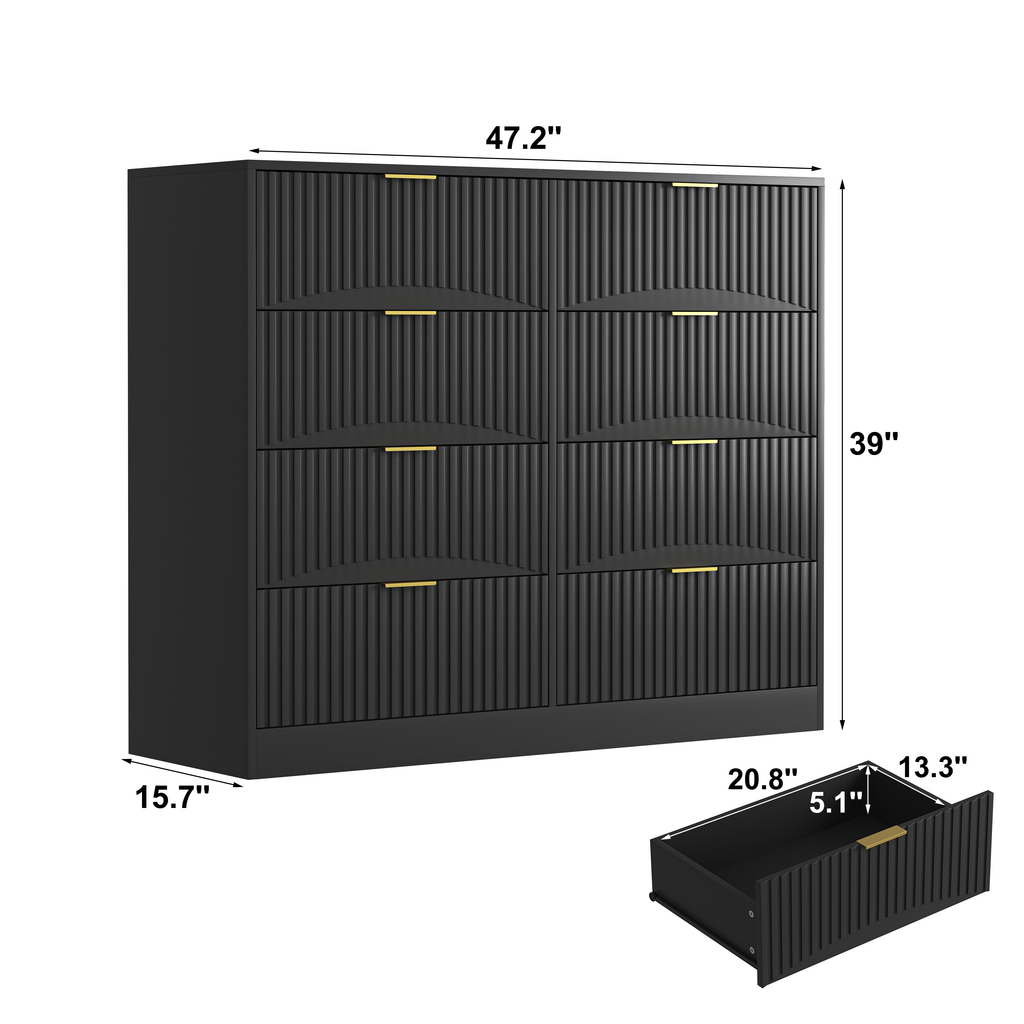 Modern 8 Drawers Dresser Chests For Bedroom,47.2 Wide Wood Chest Of Drawers With Gold Metal Handle,Drawer Organizer For Bedroom,Living Room,Hallway And Entryway,Black
