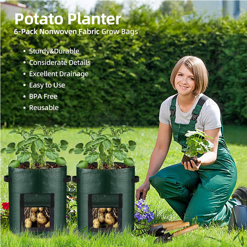10 Gallon -6 Pack Potato Grow Bags, Heavy Duty PE Fabric Pots With Flap And Handles, Green Planter Bags For Potato Vegetables Outdoor Garden, For All Plants Growing