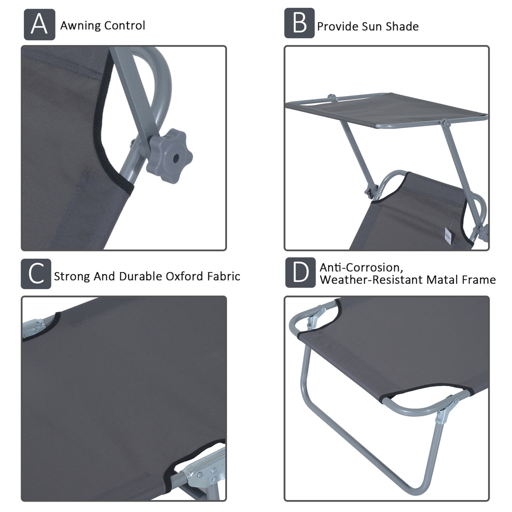 Outdoor Pool Chaise Lounge Chair, Folding Tanning Chair with Sun Shade, Gray