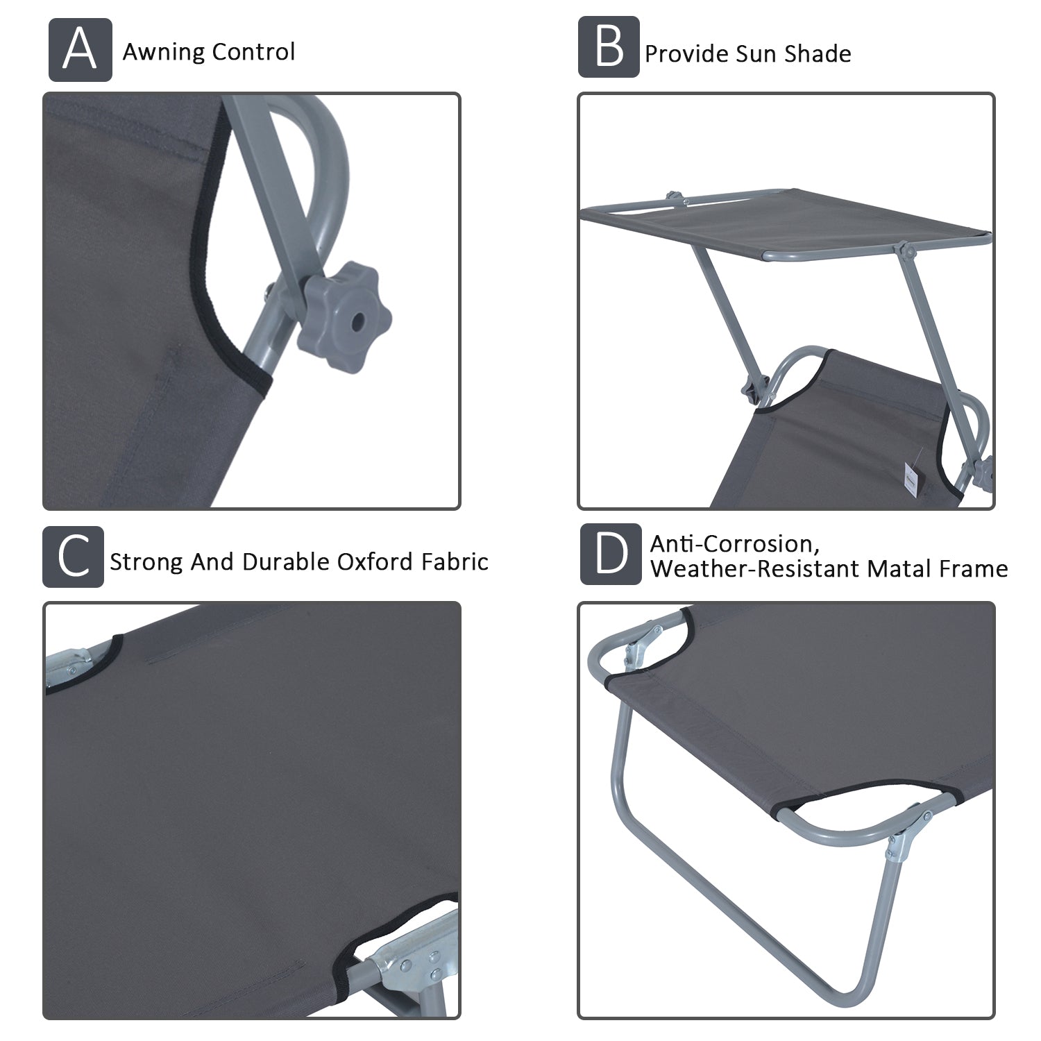 Outdoor Pool Chaise Lounge Chair, Folding Tanning Chair with Sun Shade, Gray