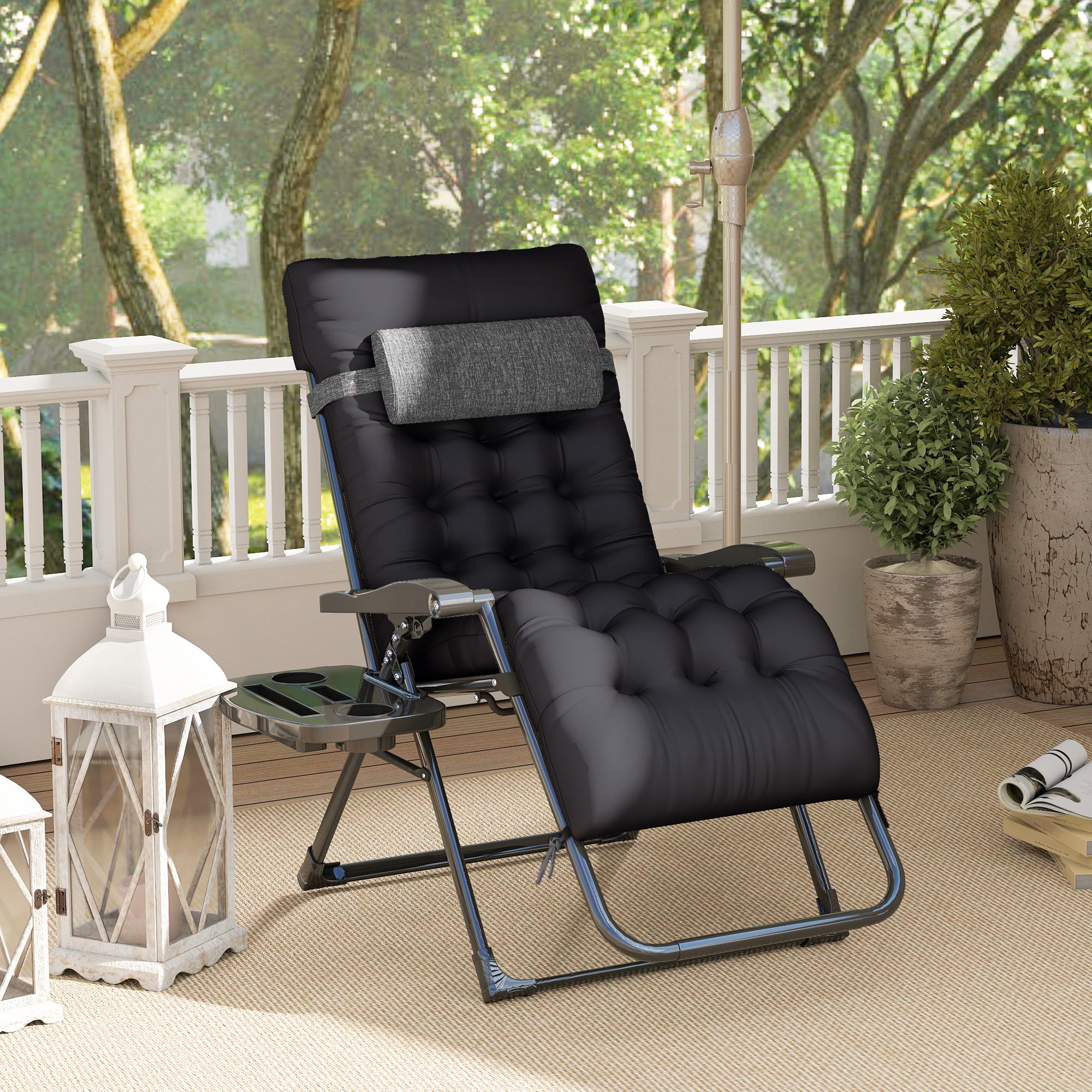 Padded Zero Gravity Chair, Folding Recliner Chair With Cup Holder Cushion, Black