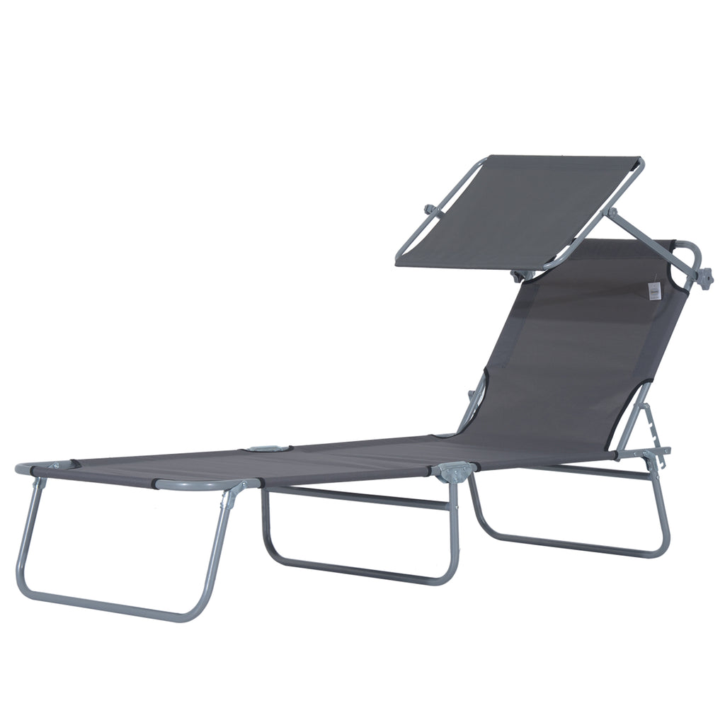 Outdoor Pool Chaise Lounge Chair, Folding Tanning Chair with Sun Shade, Gray