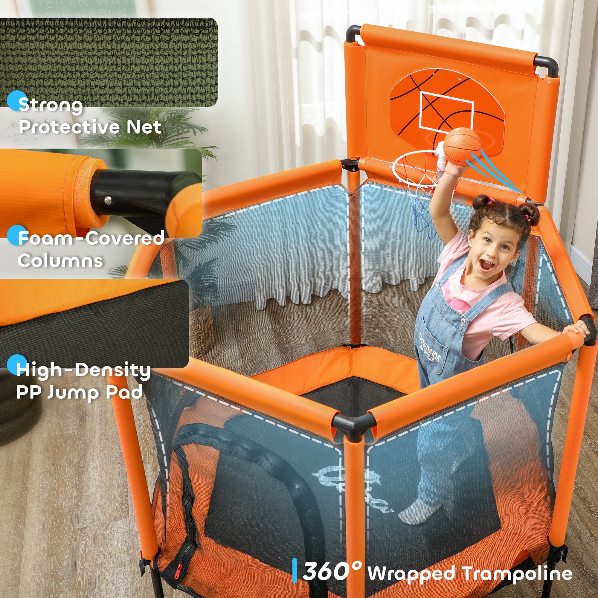 48" Kids Trampoline  with Safety Enclosure Net, Basketball Hoop for Ages 3-6, Gifts for Boys & Girls, Orange