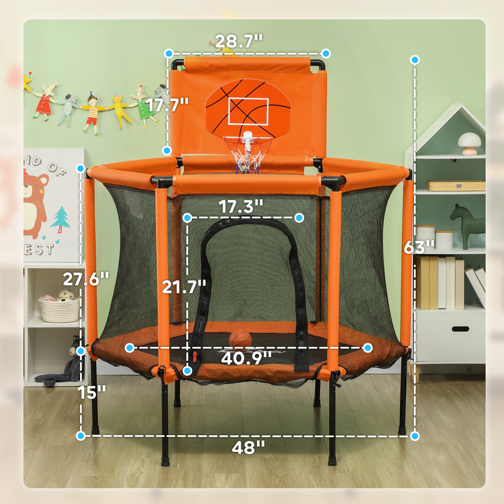 48" Kids Trampoline  with Safety Enclosure Net, Basketball Hoop for Ages 3-6, Gifts for Boys & Girls, Orange