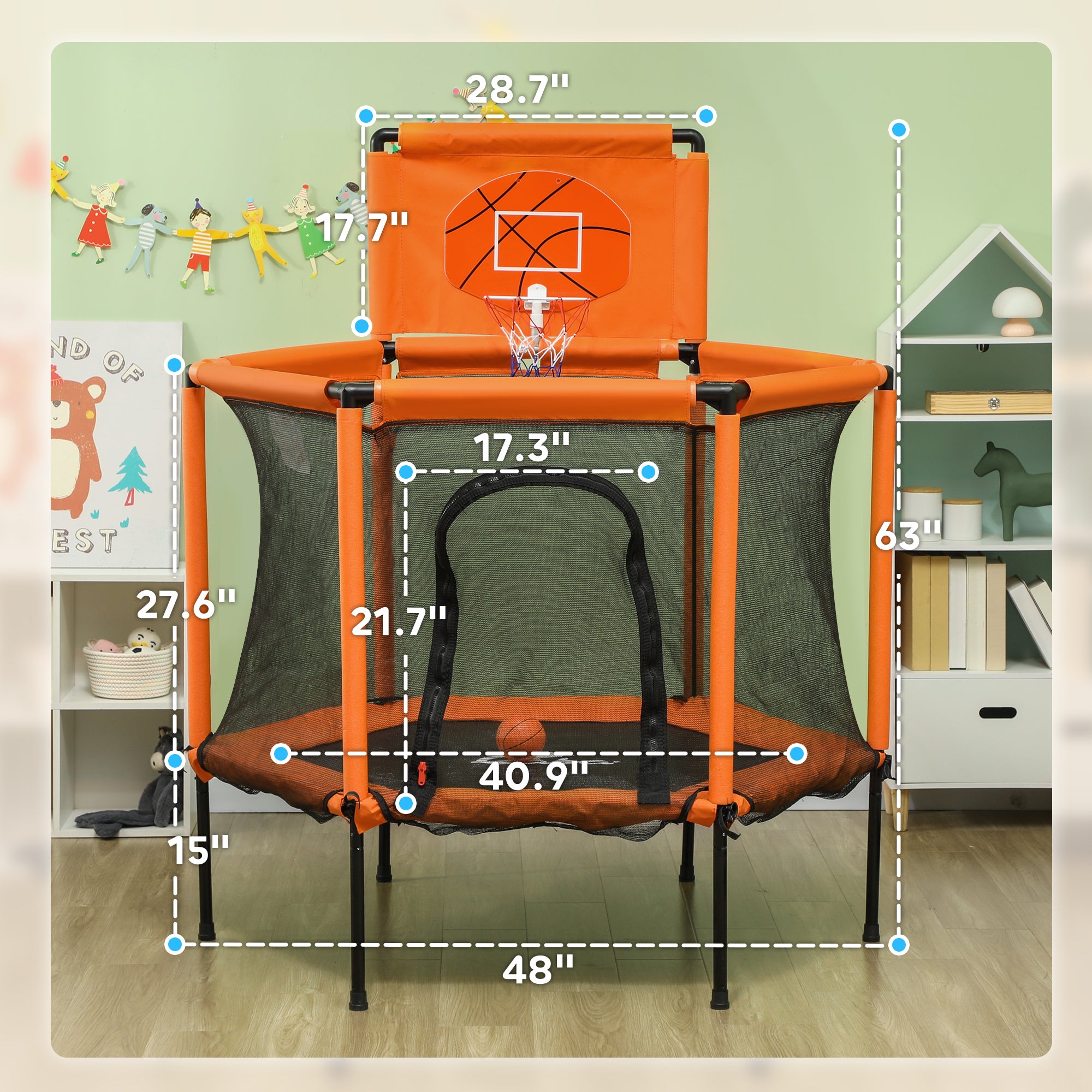48" Kids Trampoline  with Safety Enclosure Net, Basketball Hoop for Ages 3-6, Gifts for Boys & Girls, Orange