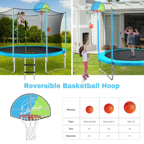 8FT Trampoline For Kids With Safety Enclosure Net, Basketball Hoop And Ladder, Easy Assembly Round Outdoor Recreational Trampoline