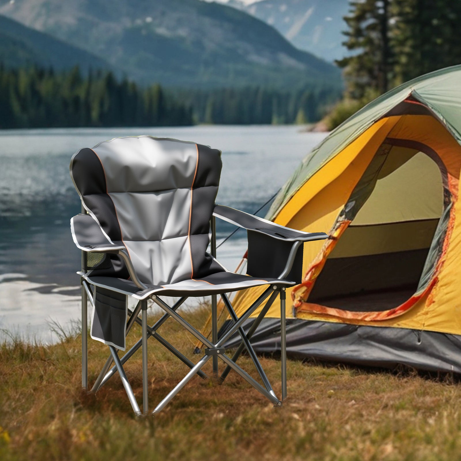 Oversized Camping Folding Chair, Heavy Duty Padded Chair With Cup Holder Storage And Cooler Bag, 5000 LBS Steel Frame, Portable For Outdoor
