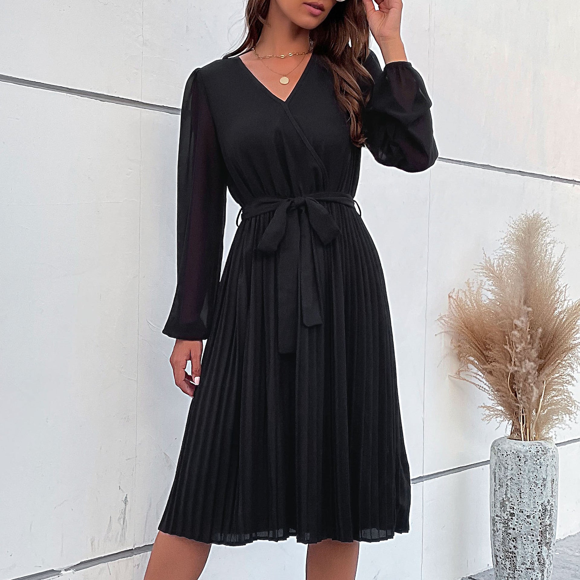 2023 Fall Winter Women's Long Sleeve Pleated Dress