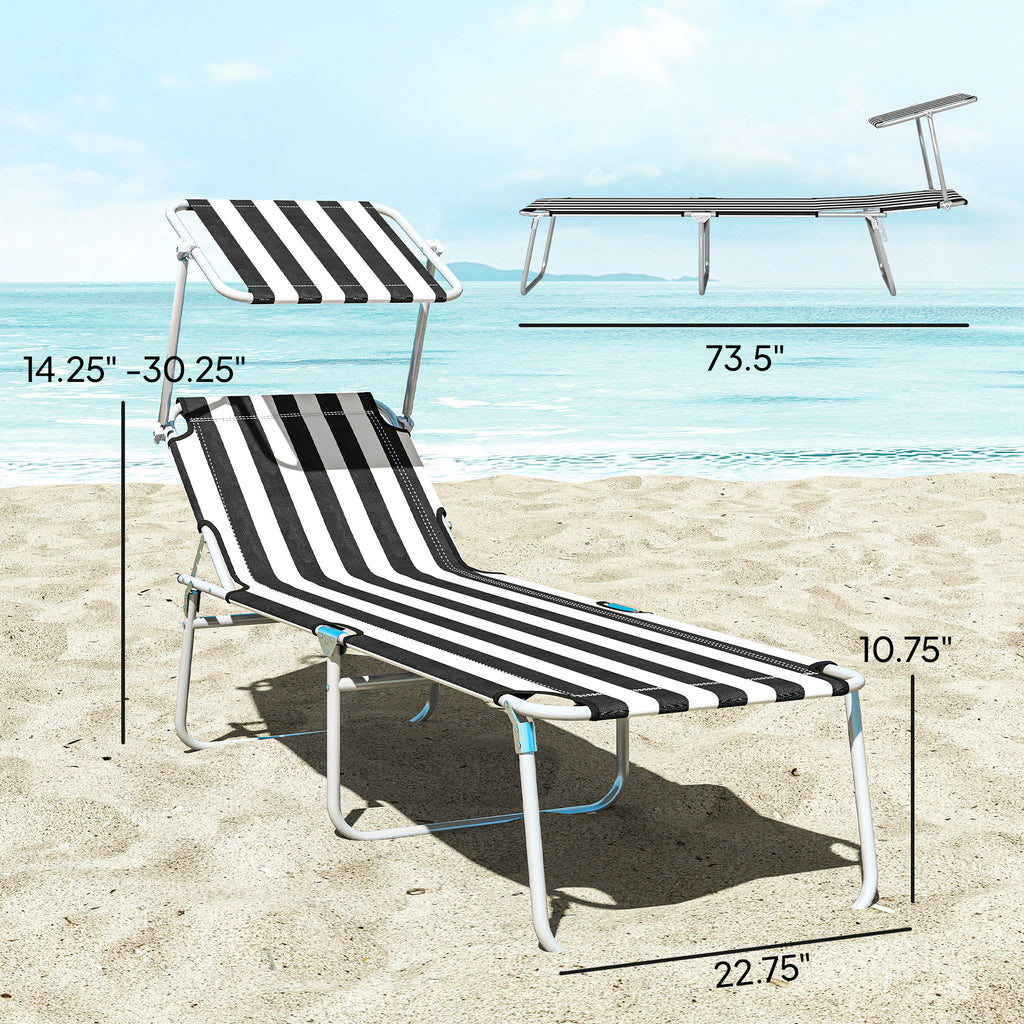 Outdoor Pool Chaise Lounge Chair, Folding Tanning Chair with Sun Shade, Black and White