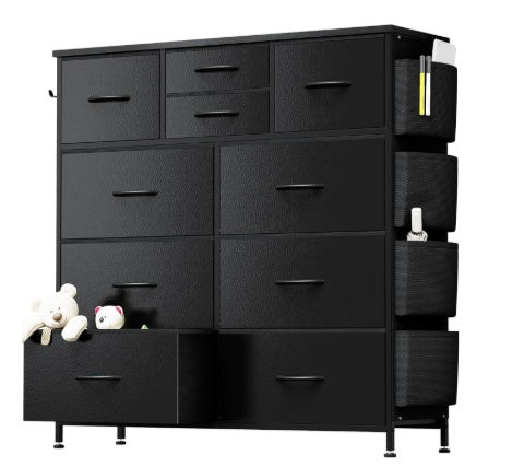 10-Drawer Dresser With Side Pocket & Hooks, Storage Cabinet With Wood Top For Bedroom Closet Organization