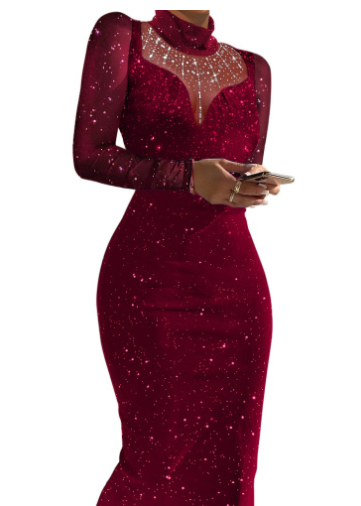 Mesh Stitching Dress with Hot Drilling Details