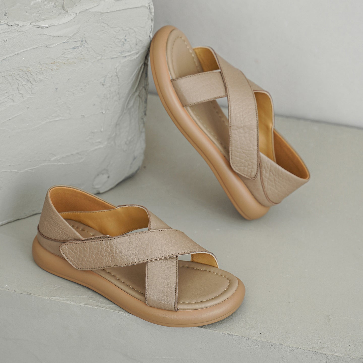 Women's Handmade Full-Grain Sheepskin Crisscross Strap Platform Sandals, Adjustable Flat Slingback Shoes