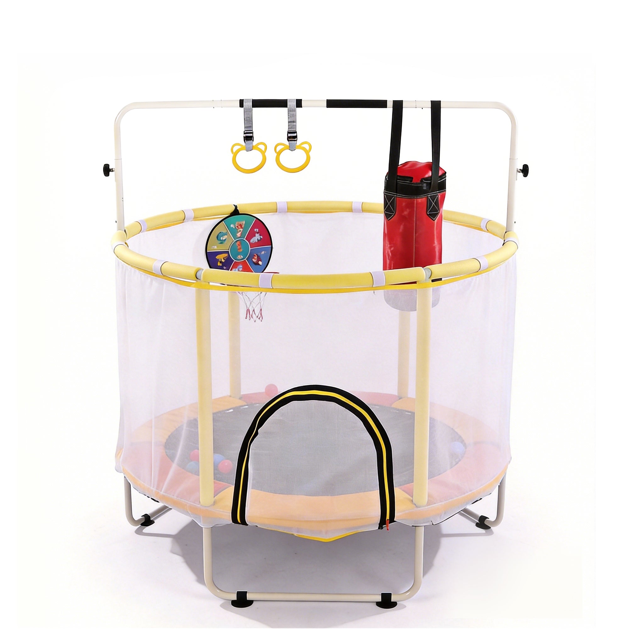 54 Inch Mini  Indoor And OutdoorToddler Trampoline With Safety Net, Antislip Safe Design, Round Jumping Toy,With Boxing Bag ,Ring And Basketball Hoop, With Adjustable Gym Bar,Gift For Boys&Girls