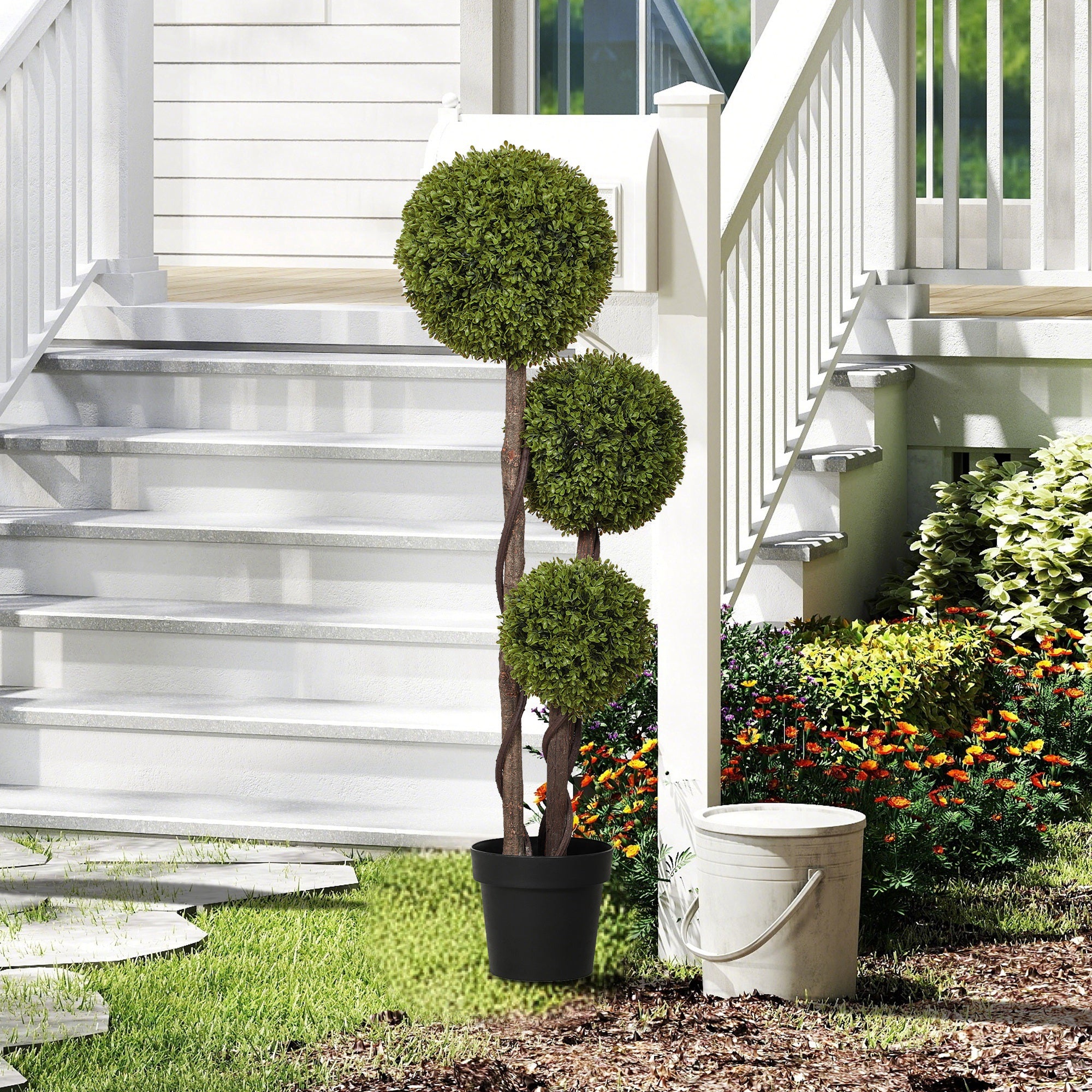45.3" Artificial Ball Boxwood Topiary Tree Fake Plant in Pot for Indoor Outdoor Living Room Decoration Light Green