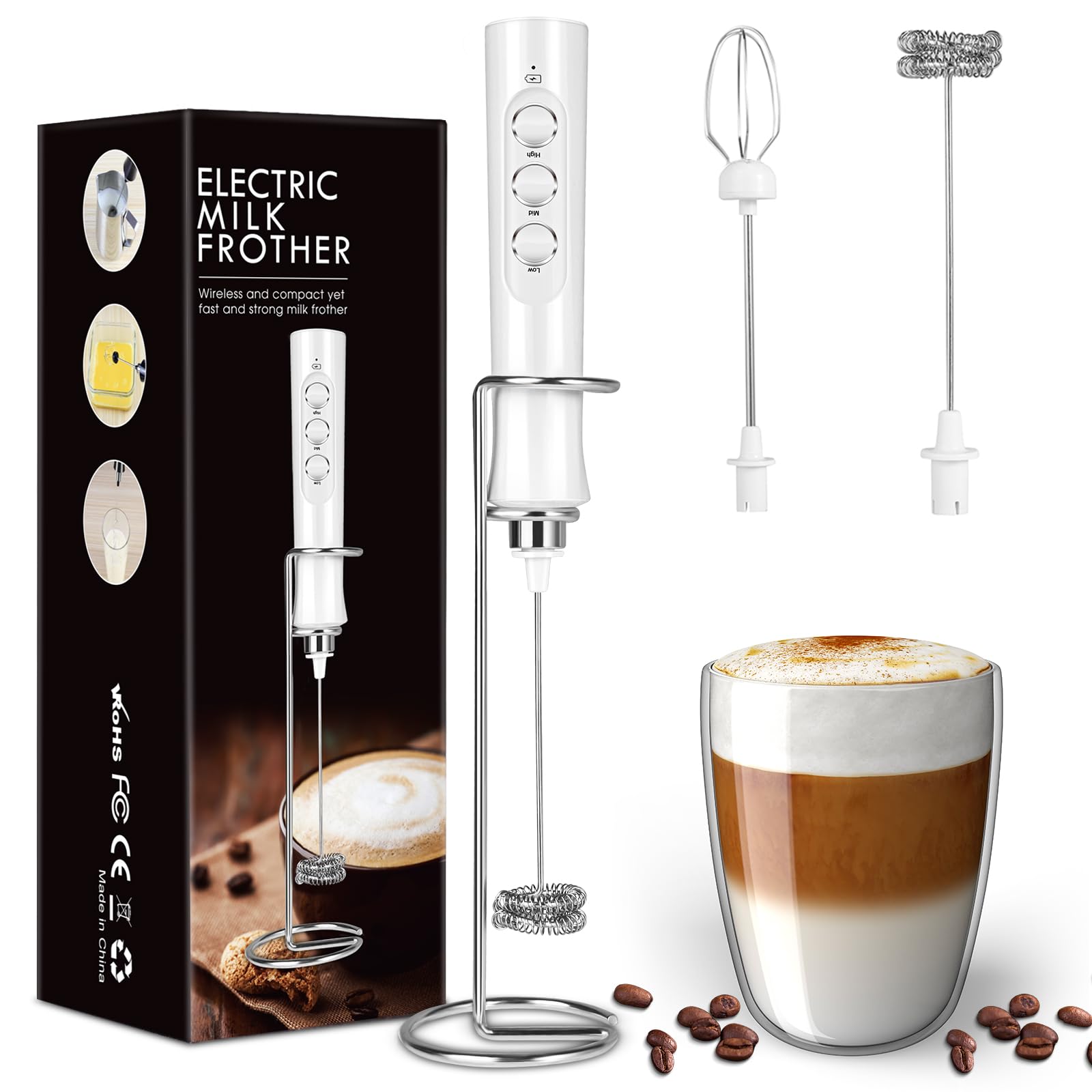Rechargeable Milk Frother Handheld for Coffee Stirrers Electric Whisk with Wall Mounted Stand Drink Mixer Hand Frother Wand (MF02)
