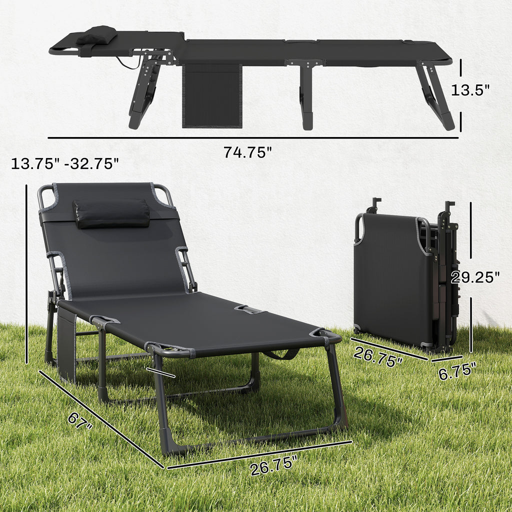 Folding Chaise Lounge Chair Outdoor Tanning Chair Set of 2 with 5-Position Backrest, Cushions, Side Pocket, Black