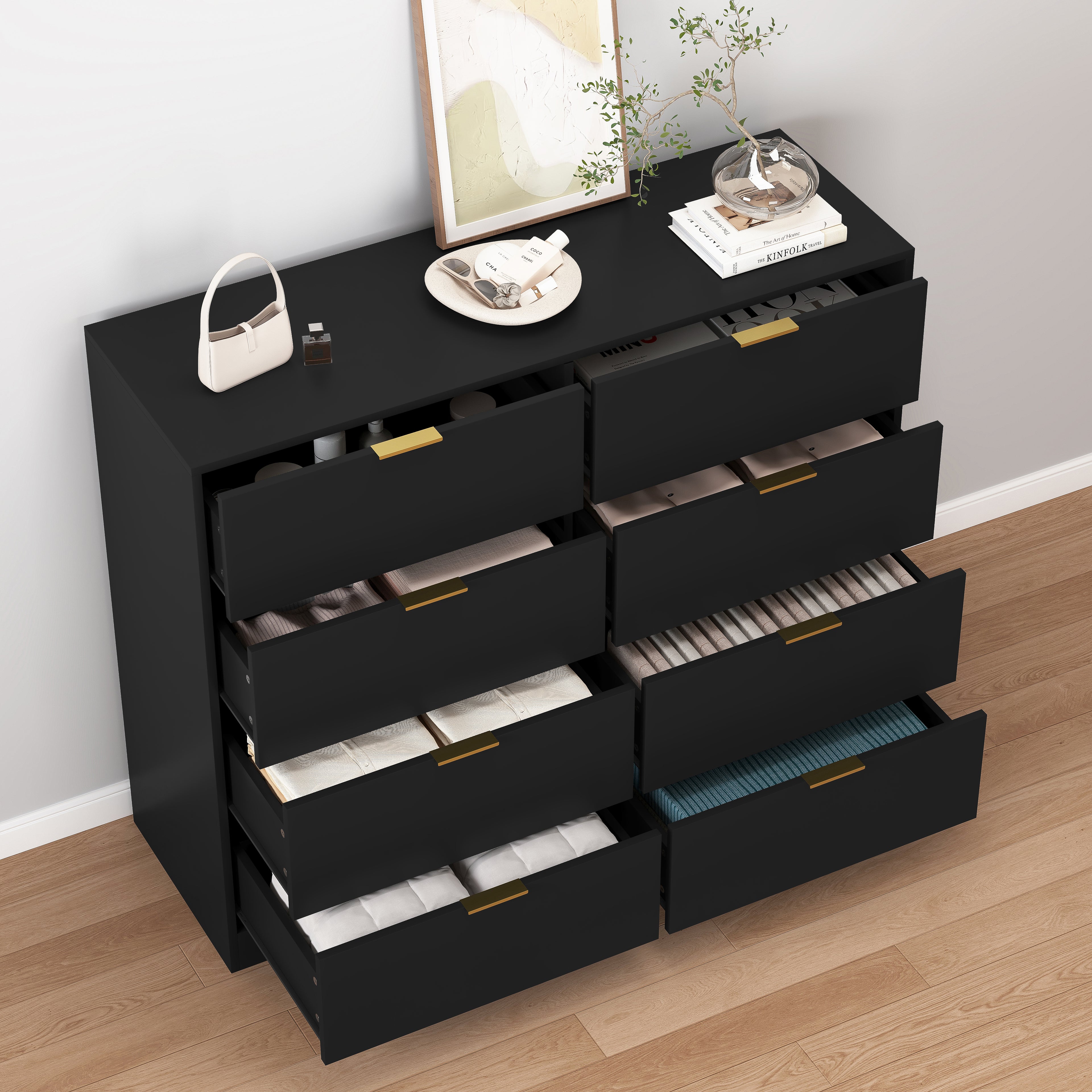 8 Drawers Dresser For Bedroom, Wood Bedroom Dresser Modern Drawer Chest, 8 Chest Of Drawer, Tall Dresser For Closet, Dressers Organizer For Living Room, Closet, Hallway Black
