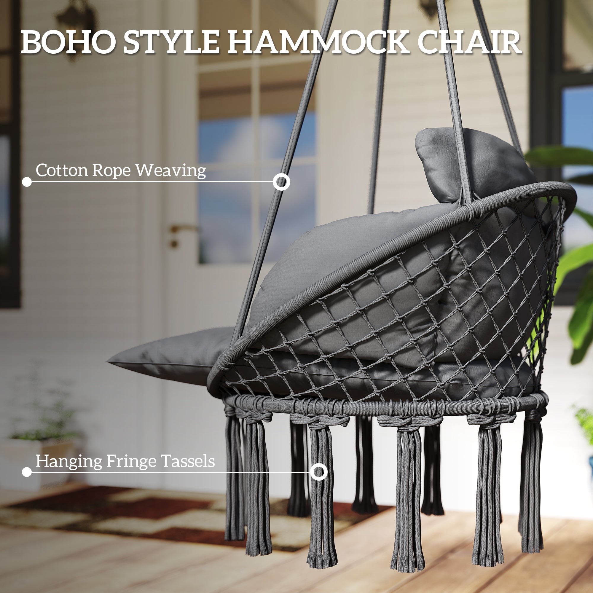 Hammock Swing Chair, Macrame Hanging Chair With Large Cushion, Chain, Steel Frame For Indoor Outdoor Use, Dark Gray