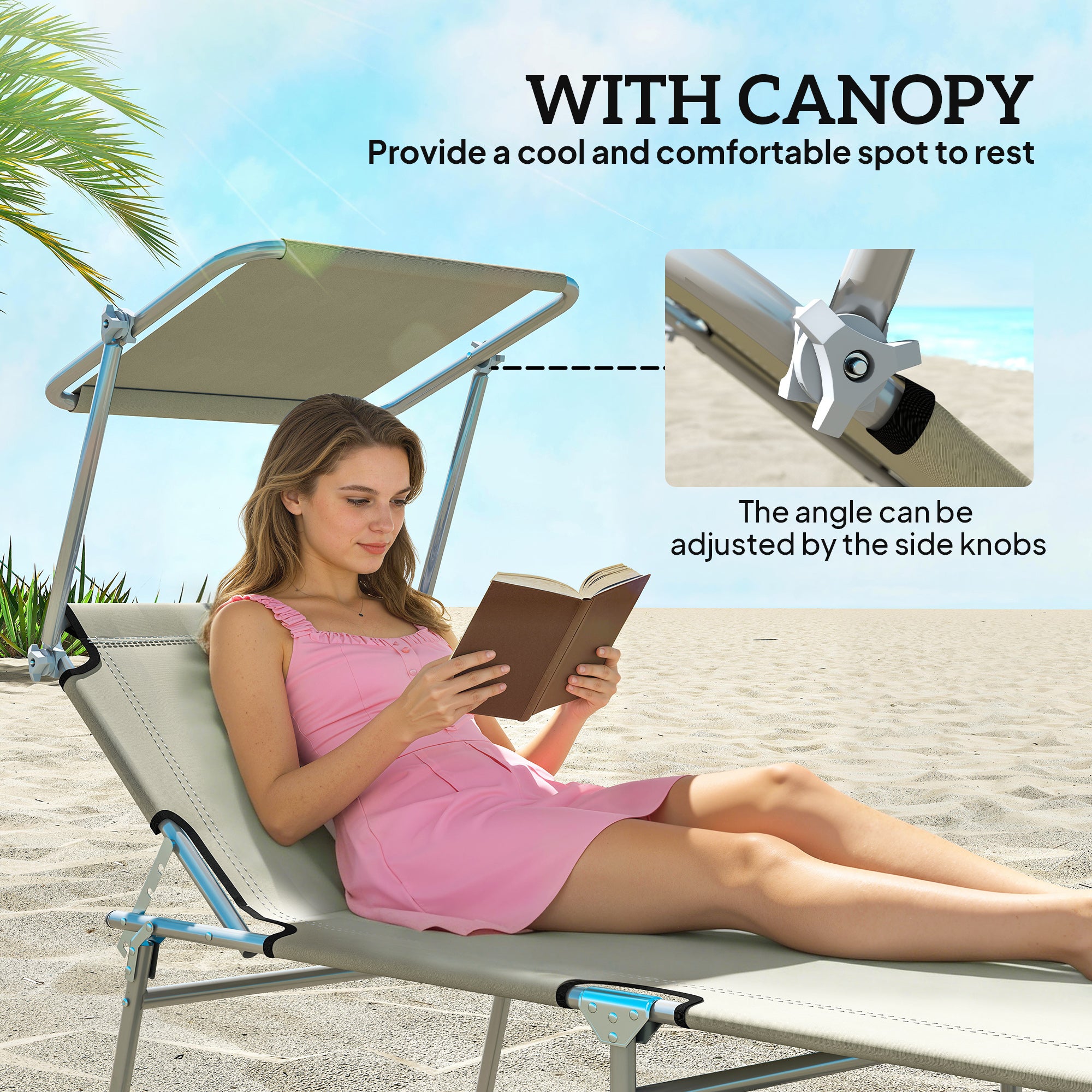 Outdoor Pool Chaise Lounge Chair, Folding Tanning Chair with Sun Shade, Cream White