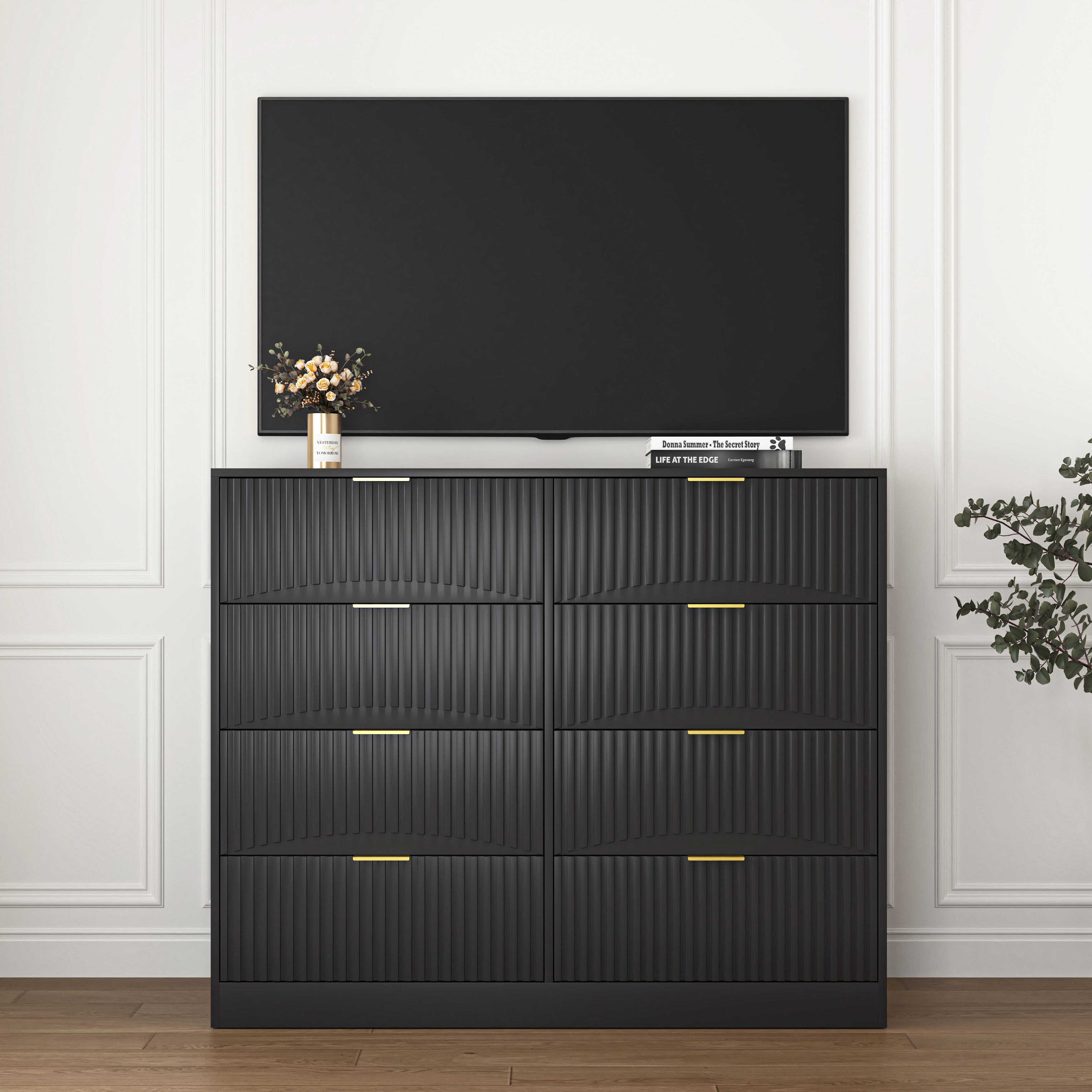 Modern 8 Drawers Dresser Chests For Bedroom,47.2 Wide Wood Chest Of Drawers With Gold Metal Handle,Drawer Organizer For Bedroom,Living Room,Hallway And Entryway,Black