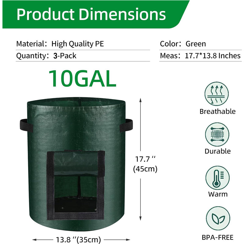 10 Gallon -6 Pack Potato Grow Bags, Heavy Duty PE Fabric Pots With Flap And Handles, Green Planter Bags For Potato Vegetables Outdoor Garden, For All Plants Growing