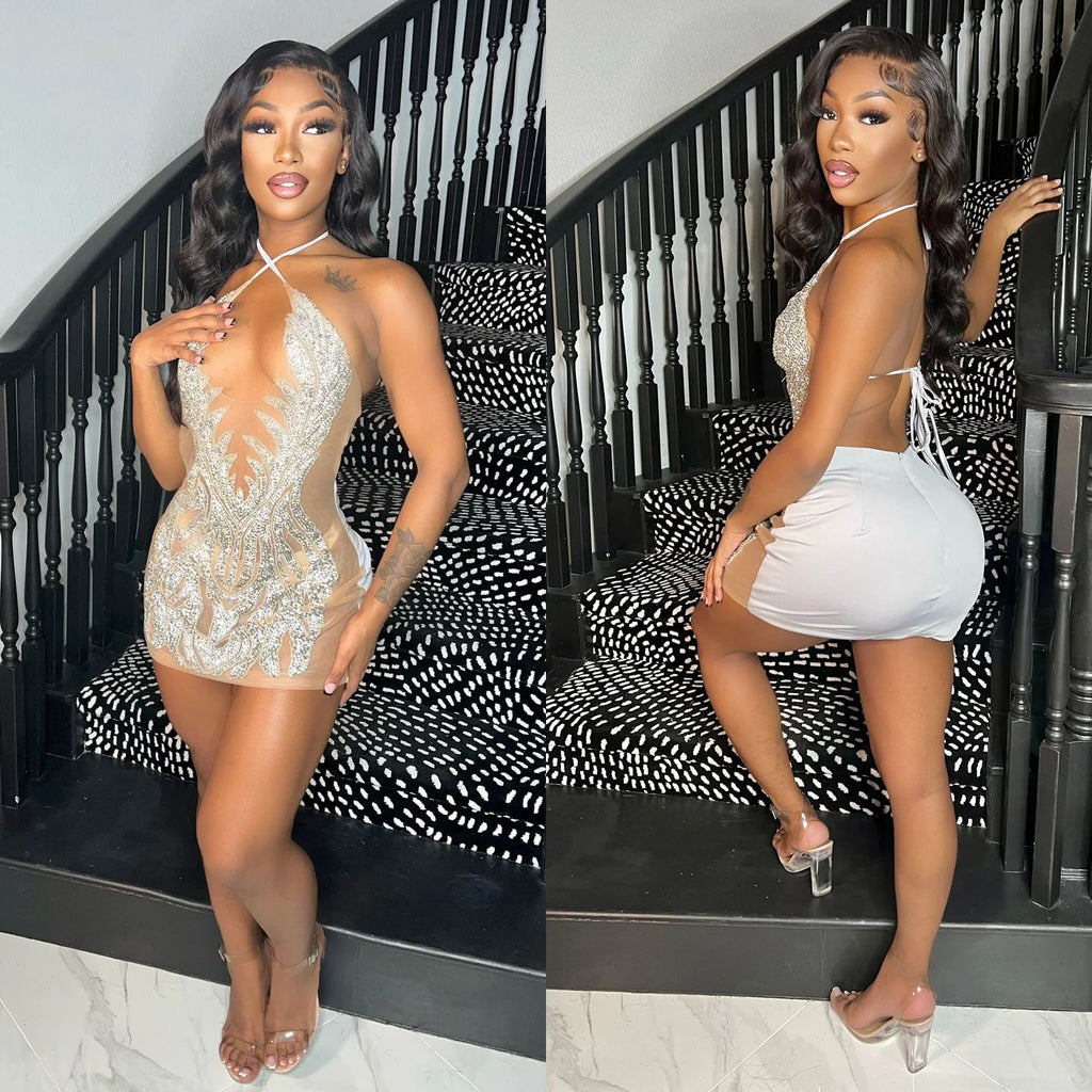 Women's See-through Mesh Hot Drilling Dress