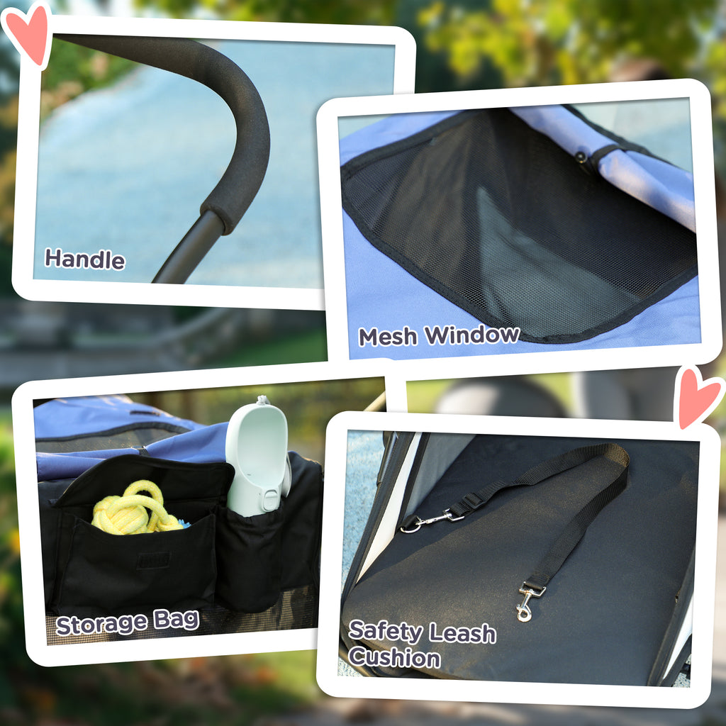 3 Wheels Dog Stroller w/ One-Hand Fold, Rubber Wheels, Storage Bag, Soft Cushion, for Small & Medium Dogs, Blue