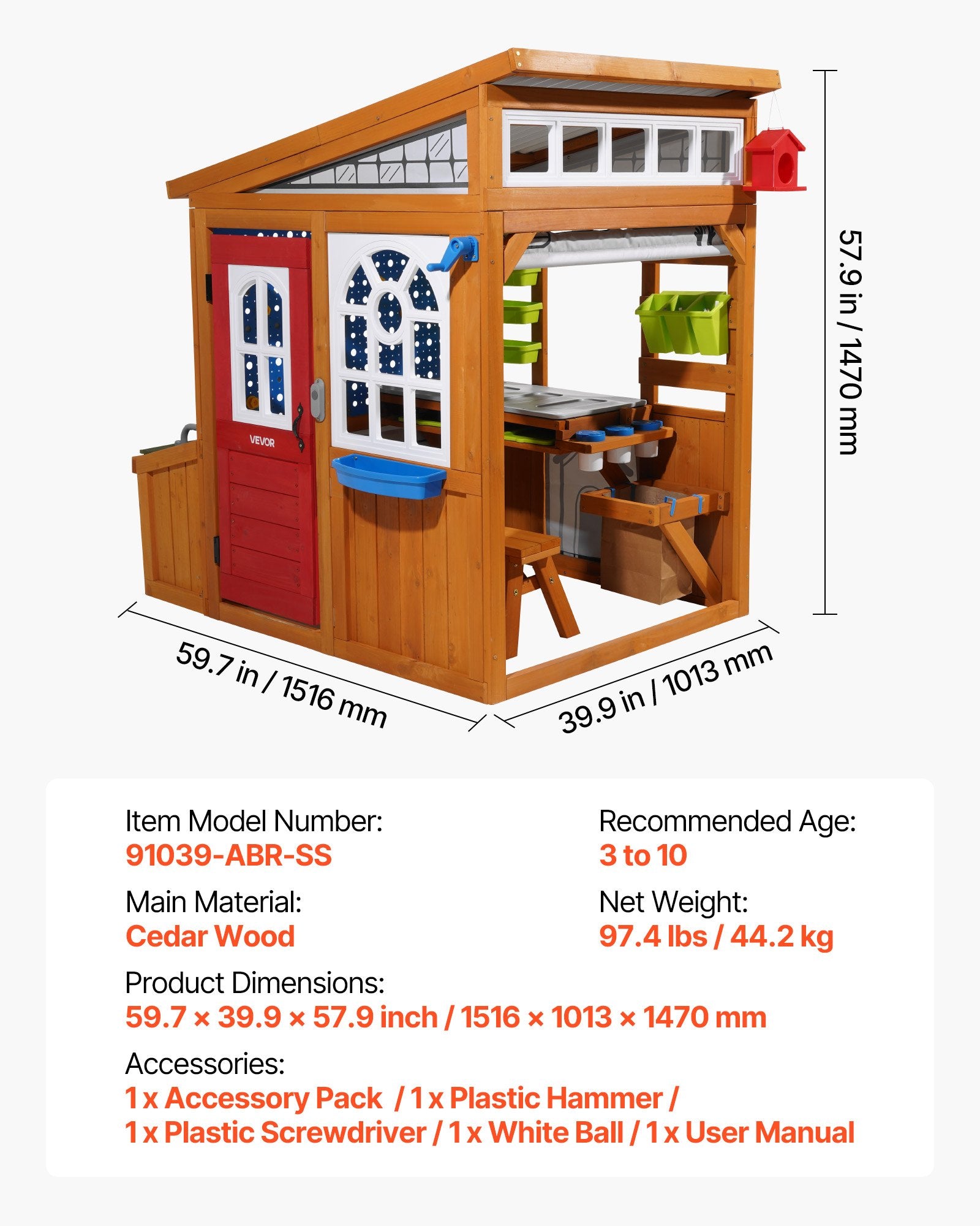 Outdoor Playhouse, Cedar Wooden Kids Playhouse With Bird Nest, Doorbell, Trash Bin, Gravity Wall Set, Storage Pocket, Windowsill, Wooden Kids Cottage For Aged 3 To 10, Rounded Corners