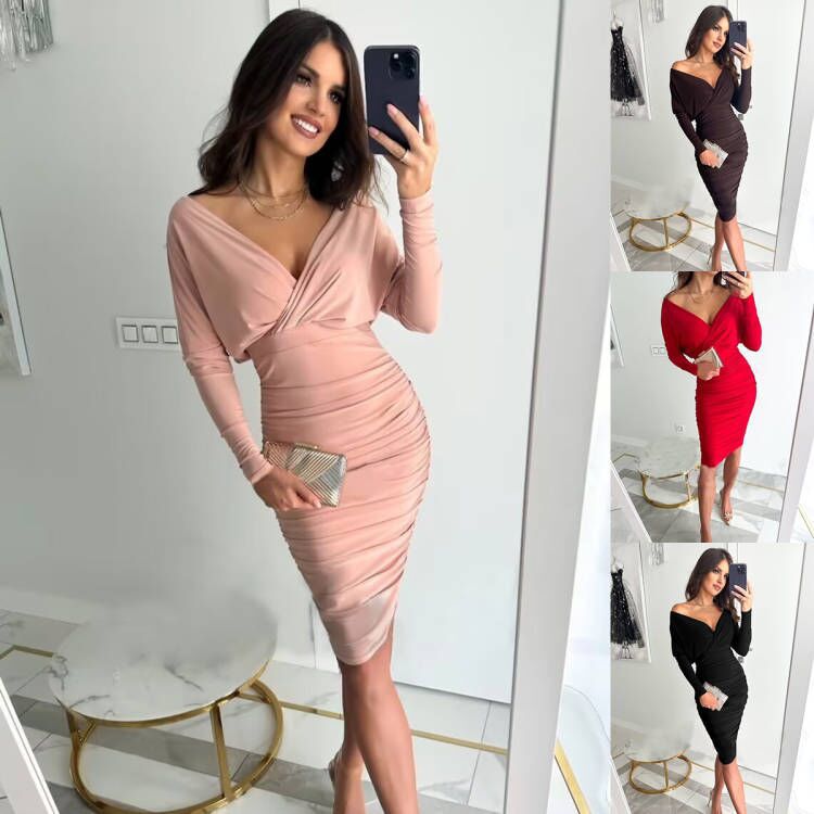 2023 Fall Winter Long Sleeve V-Neck Bodycon Dress