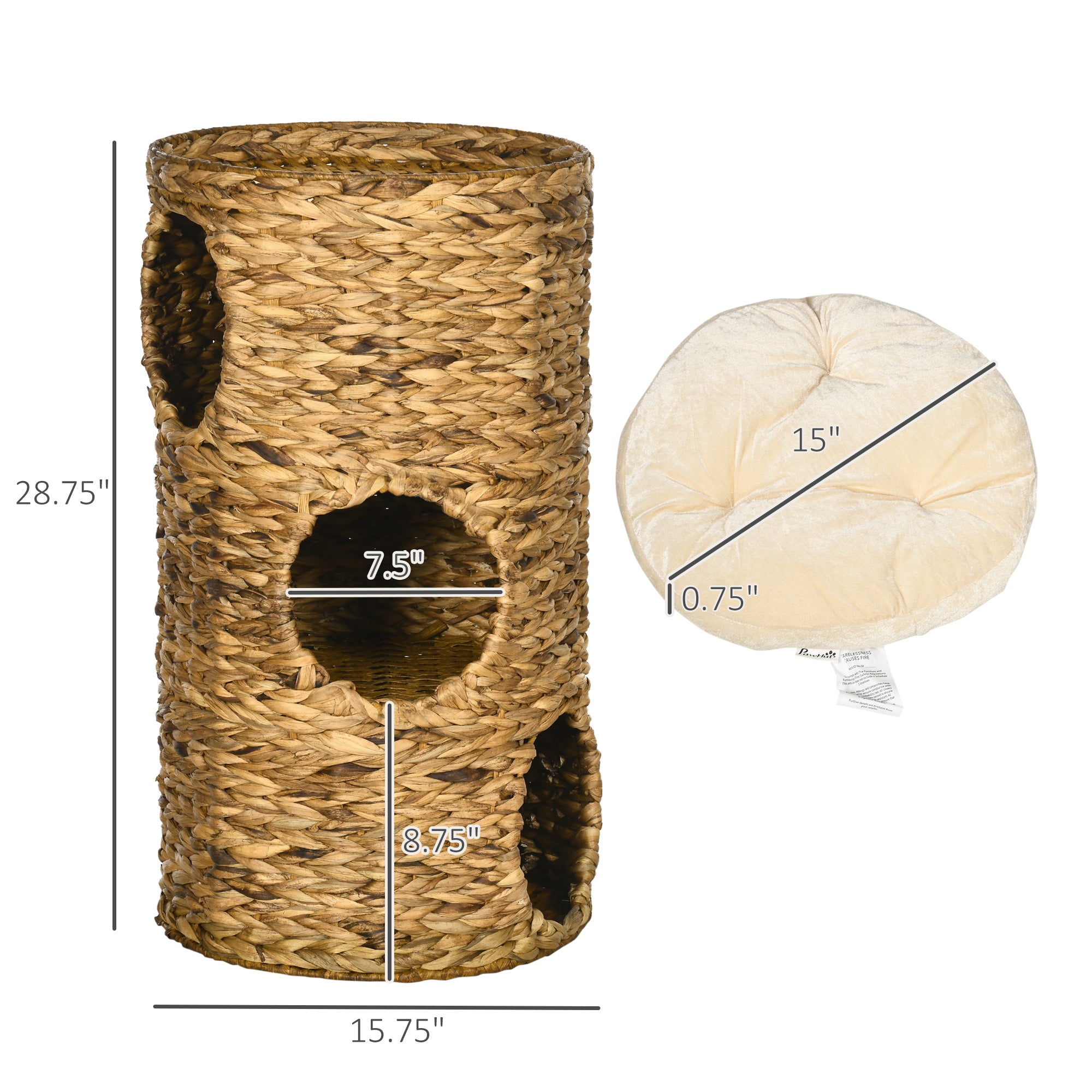 Elevated Cat Bed with Three Hideaways & Four Soft Plush Cushions, Cat Tower with Hand-Woven Materials, Multi-Layer Raised Kitten Bed Caves