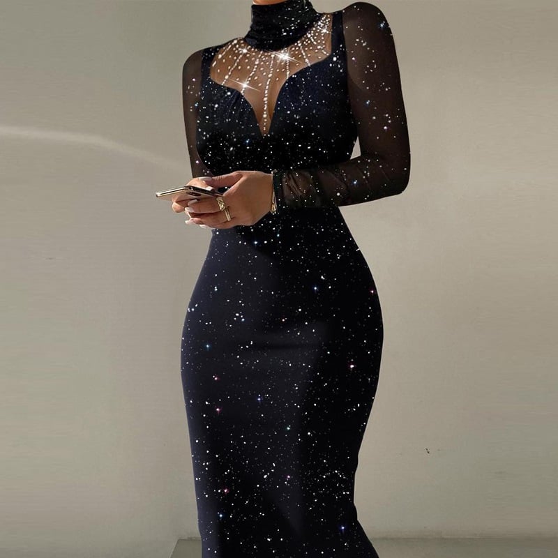 Mesh Stitching Dress with Hot Drilling Details