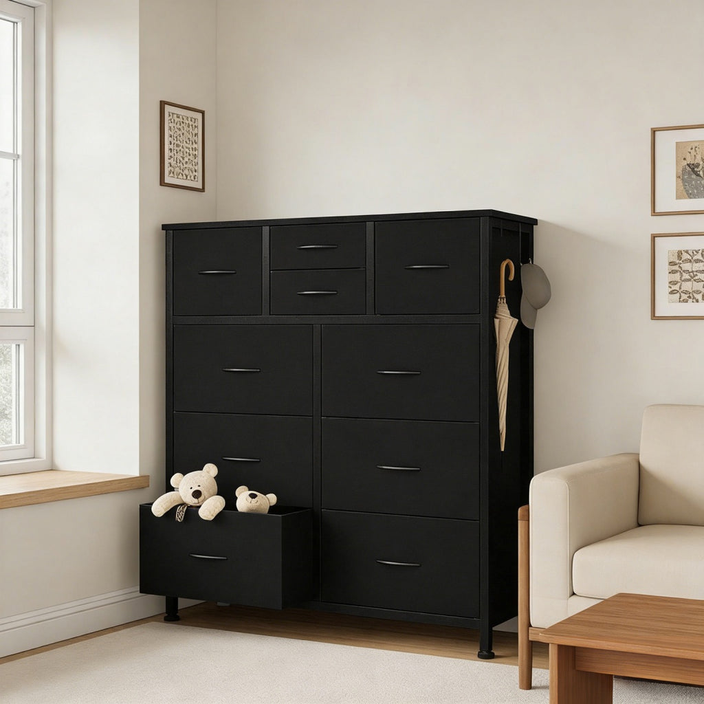 10-Drawer Dresser With Side Pocket & Hooks, Storage Cabinet With Wood Top For Bedroom Closet Organization