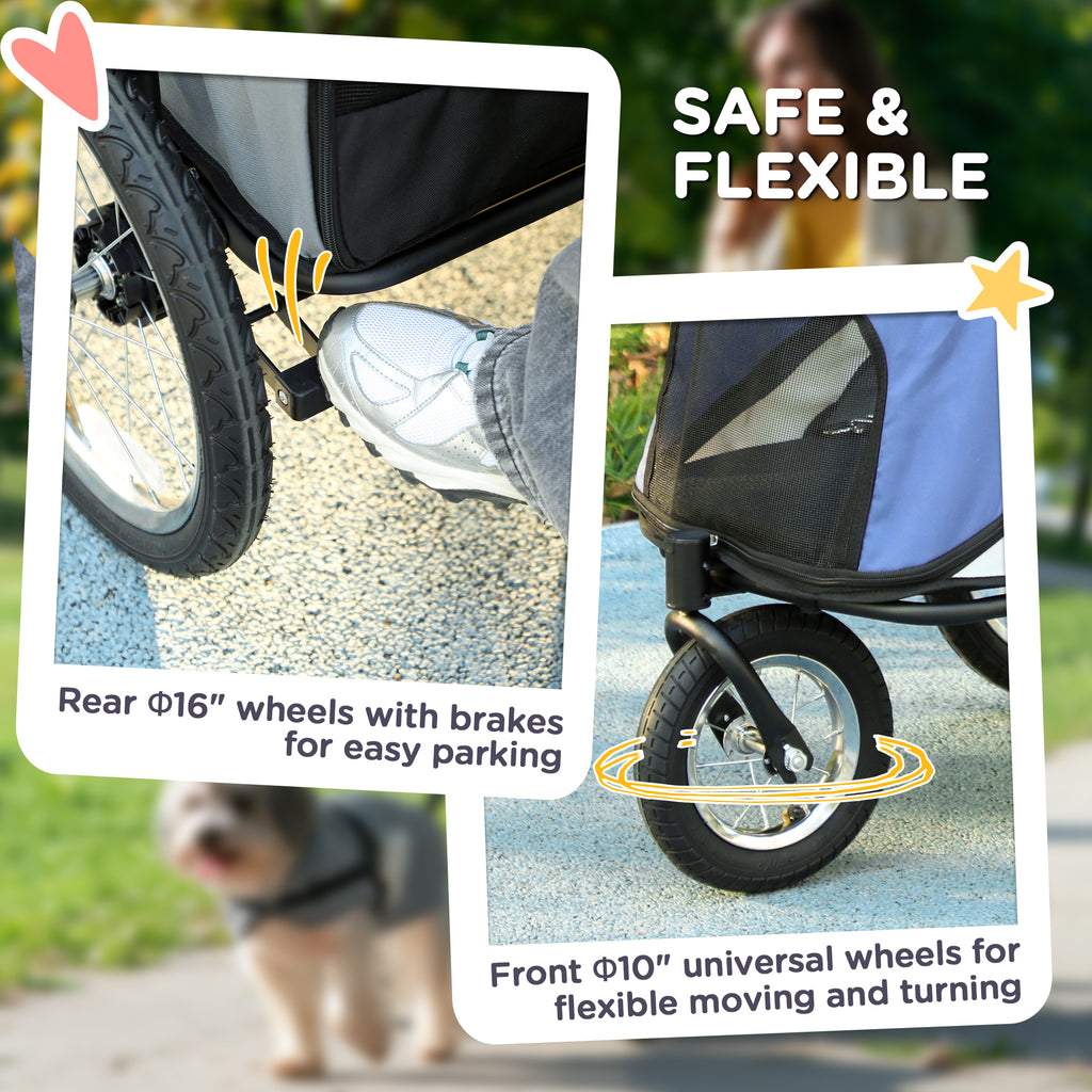 3 Wheels Dog Stroller w/ One-Hand Fold, Rubber Wheels, Storage Bag, Soft Cushion, for Small & Medium Dogs, Blue