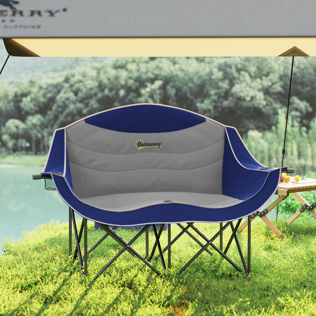 Padded Folding Camp Chair for Adults, Double Camping Chair with Armrests, Cup Holders, Carry Bag for Outdoor, Blue