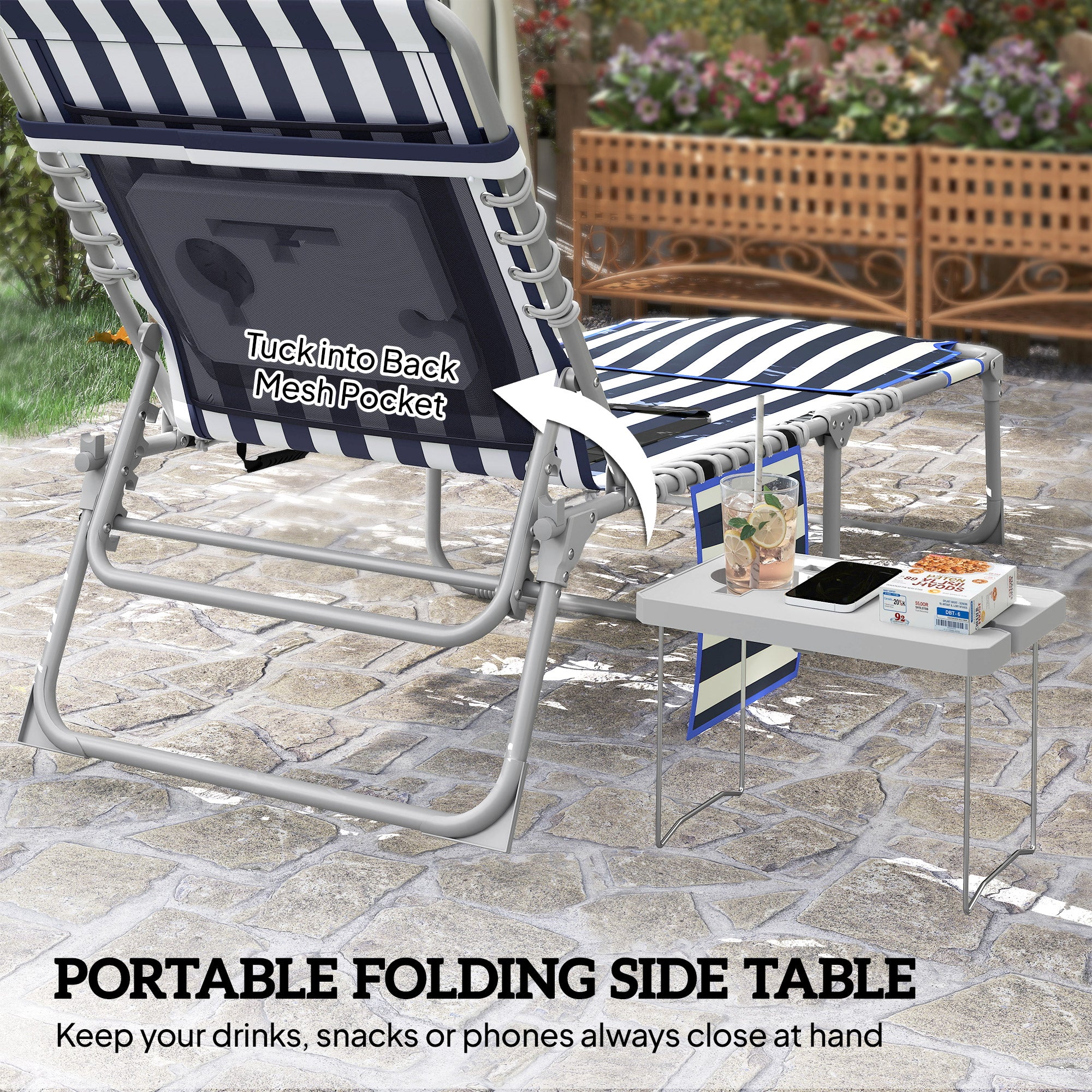 Tanning Chair with Face Hole and Side Table, 5-Position Folding Outdoor Chaise Lounge Chair, Blue and White