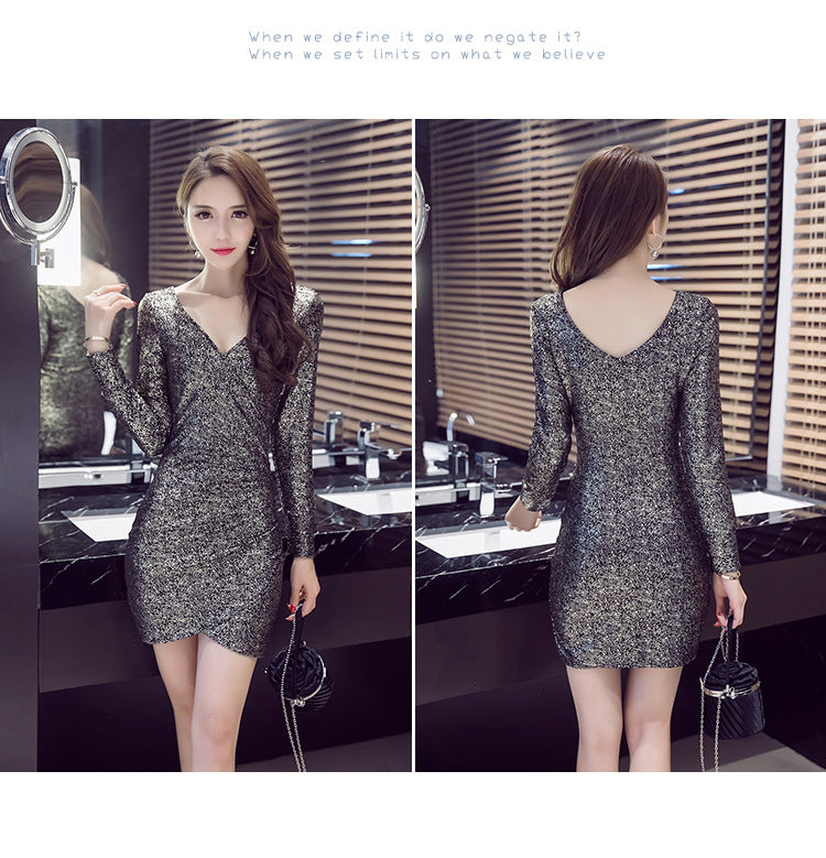 V-Neck Long Sleeve Bodycon Dress in Korean Style