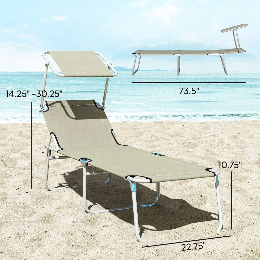 Outdoor Pool Chaise Lounge Chair, Folding Tanning Chair with Sun Shade, Cream White