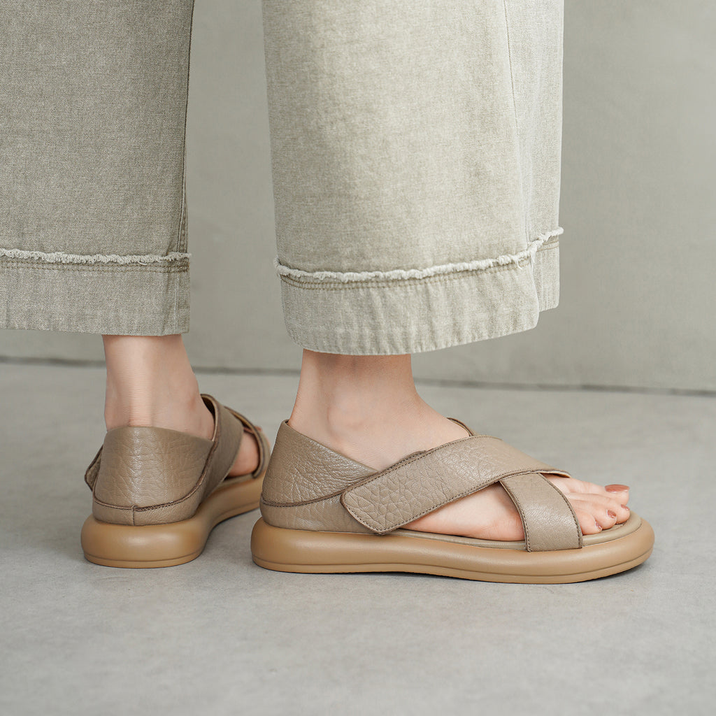 Women's Handmade Full-Grain Sheepskin Crisscross Strap Platform Sandals, Adjustable Flat Slingback Shoes
