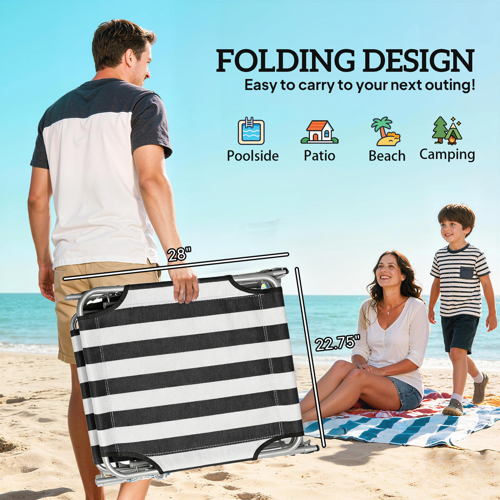 Outdoor Pool Chaise Lounge Chair, Folding Tanning Chair with Sun Shade, Black and White