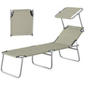 Outdoor Pool Chaise Lounge Chair, Folding Tanning Chair with Sun Shade, Cream White