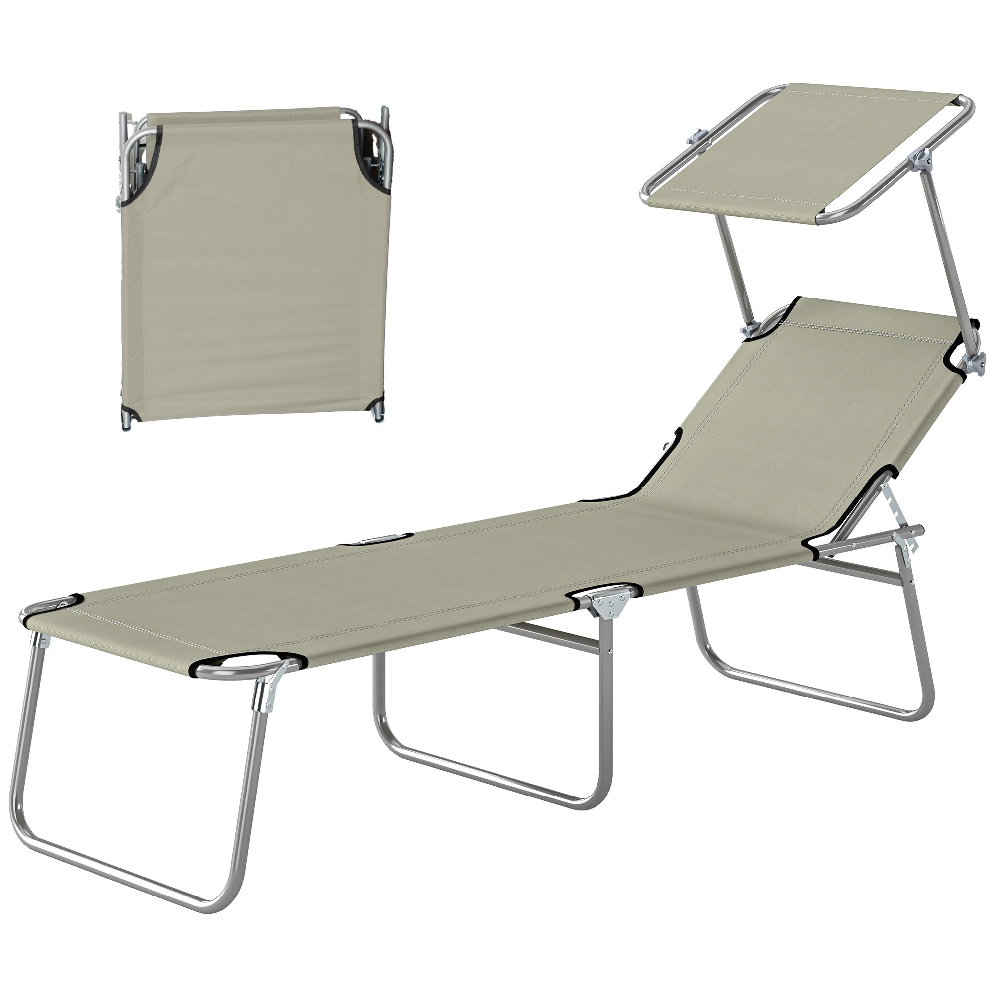 Outdoor Pool Chaise Lounge Chair, Folding Tanning Chair with Sun Shade, Cream White
