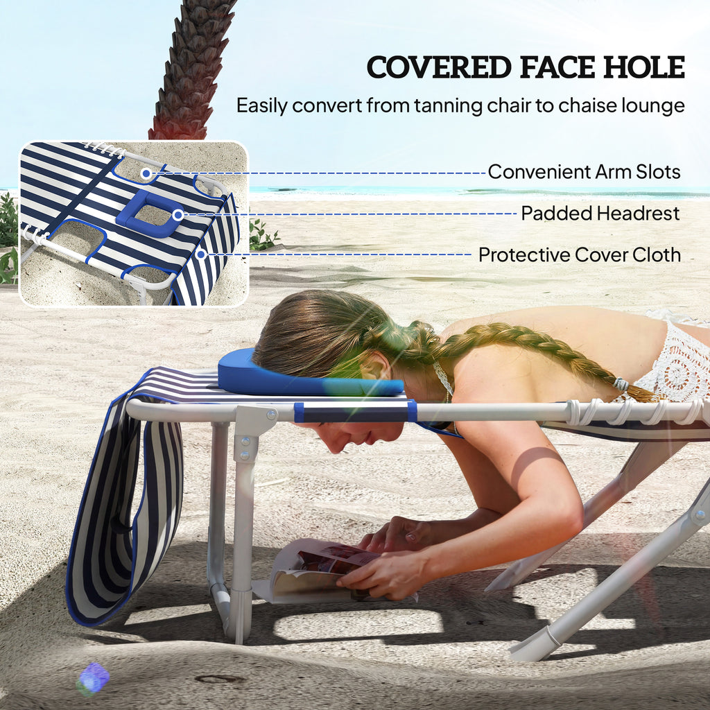 Tanning Chair with Face Hole and Side Table, 5-Position Folding Outdoor Chaise Lounge Chair, Blue and White