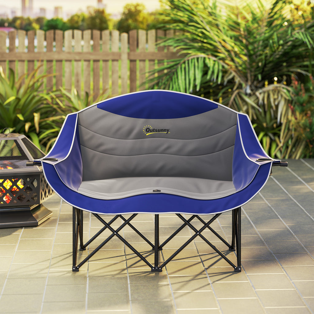 Padded Folding Camp Chair for Adults, Double Camping Chair with Armrests, Cup Holders, Carry Bag for Outdoor, Blue