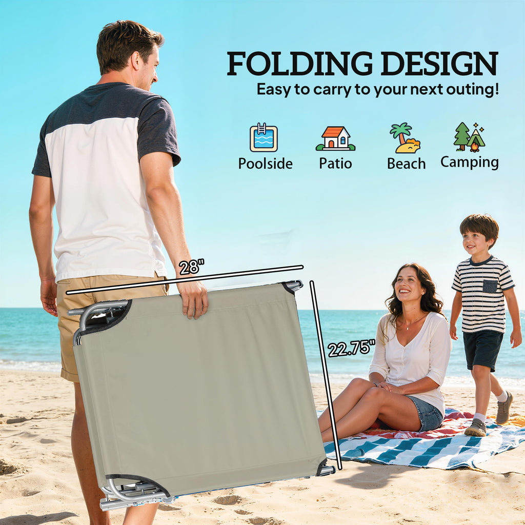 Outdoor Pool Chaise Lounge Chair, Folding Tanning Chair with Sun Shade, Cream White