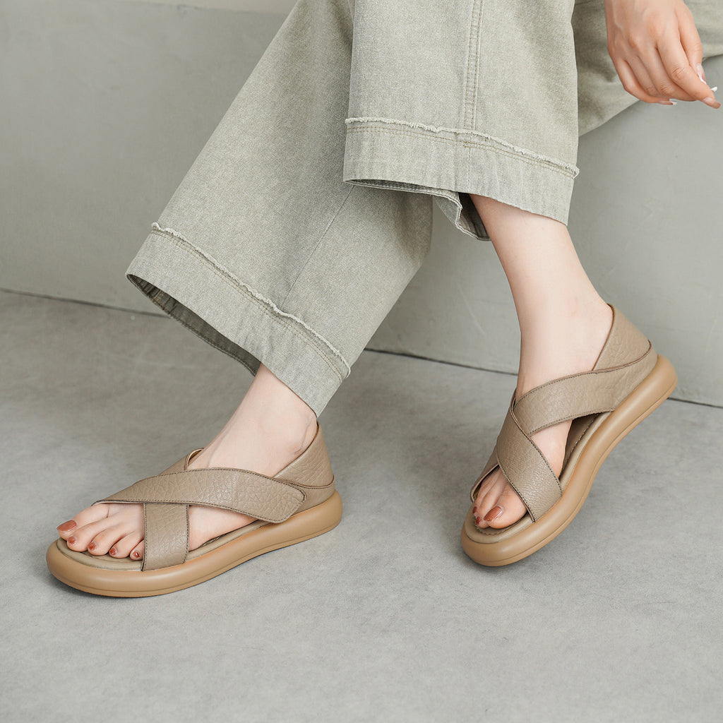 Women's Handmade Full-Grain Sheepskin Crisscross Strap Platform Sandals, Adjustable Flat Slingback Shoes