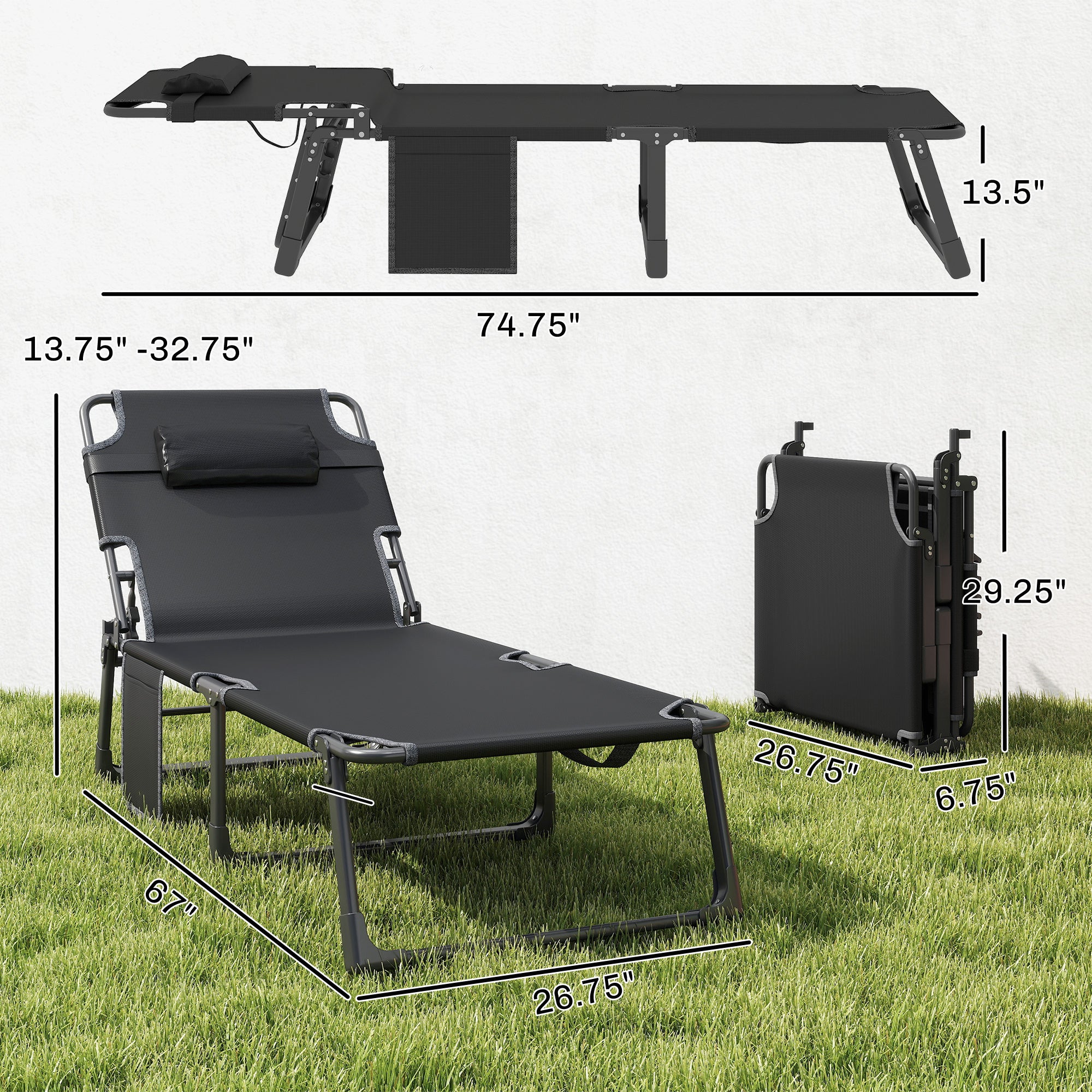 Folding Chaise Lounge Chair Outdoor Tanning Chair with 5-Position Backrest, Cushion, Side Pocket, Gray/Blue