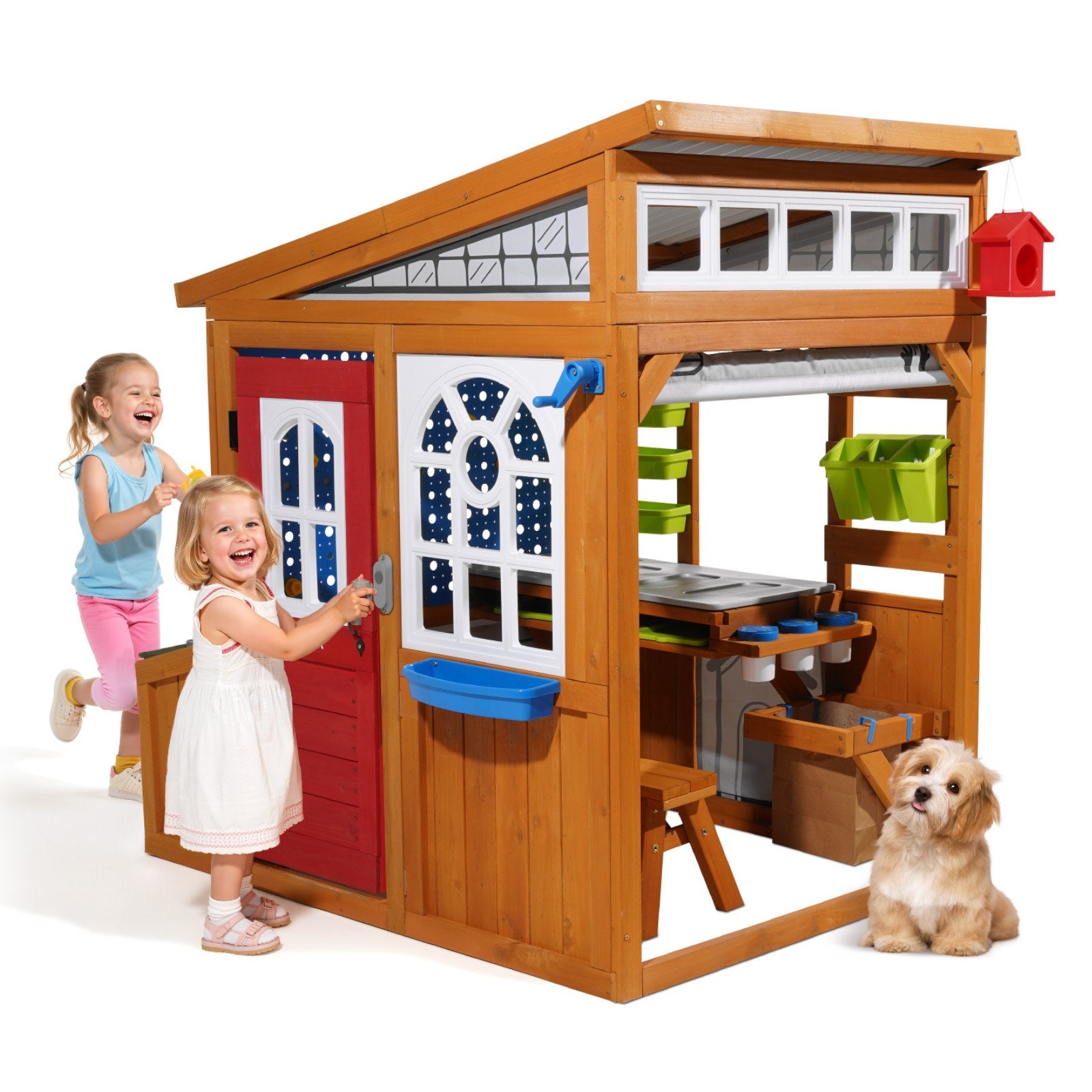 Outdoor Playhouse, Cedar Wooden Kids Playhouse With Bird Nest, Doorbell, Trash Bin, Gravity Wall Set, Storage Pocket, Windowsill, Wooden Kids Cottage For Aged 3 To 10, Rounded Corners