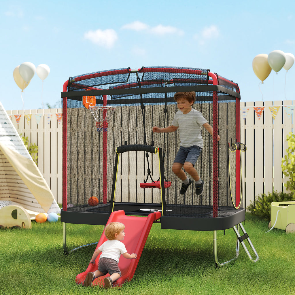 4 X 6FT Trampoline For Kids Indoor & Outdoor With Slide, Swing, Basketball Hoop And Safety Enclosure, Red